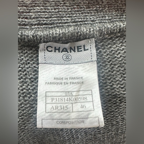 CHANEL Wool Blend Gray Women's Logo Button Snap Front Cardigan Size EU46/US12/L - Picture 9 of 10